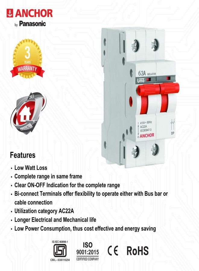 Anchor by Panasonic UNO Polycarbonate Series 63Amps Dual Pole Isolator (White) - Image 4